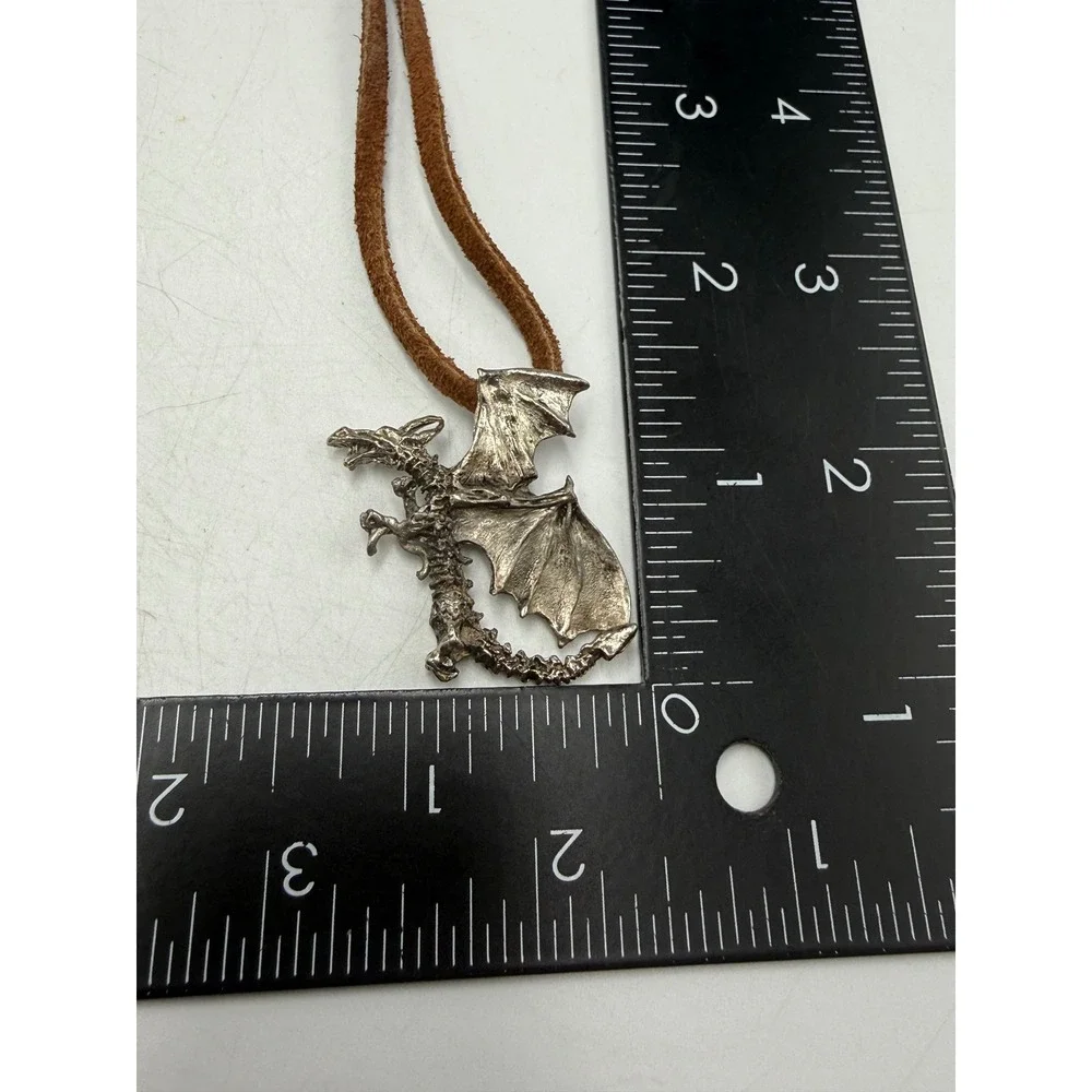 Vintage Pewter Dragon Pendant Necklace Brown Suede Cord Gothic Fantasy Mythical